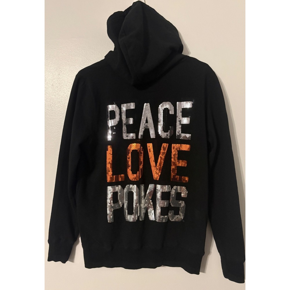 Y2K- E5 College Classics Oklahoma State OSU Peace Love Pokes Sequin Zip Hoodie L